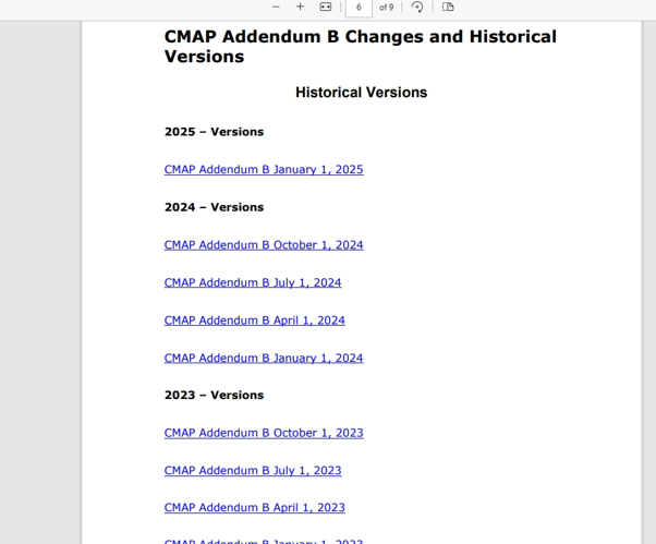 CMAP Addendum B historical versions list