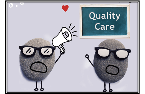 Photo of two LTCOP Rocks With Megaphone saying QUALITY CARE