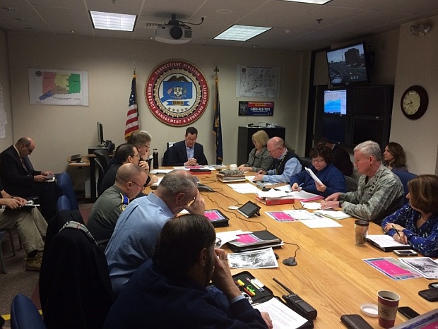Governor Malloy and state emergency management officials hold a unified command meeting at the State Emergency Opera-tions Center in Hartford to prepare for an impending winter storm. (January 26, 2015)