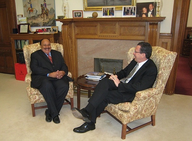 Martin Luther King III, son of minister and civil rights activist Dr. Martin Luther King Jr., meets with Governor Malloy in his office at the State Capitol in Hartford to discuss pending legislation the governor introduced to preserve voting rights and expand access to voter registration in Connecticut. (April 23, 2012)
