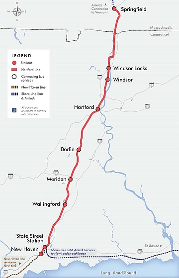 Route of the CTrail Hartford Line passenger rail service, which launched on June 16, 2018.