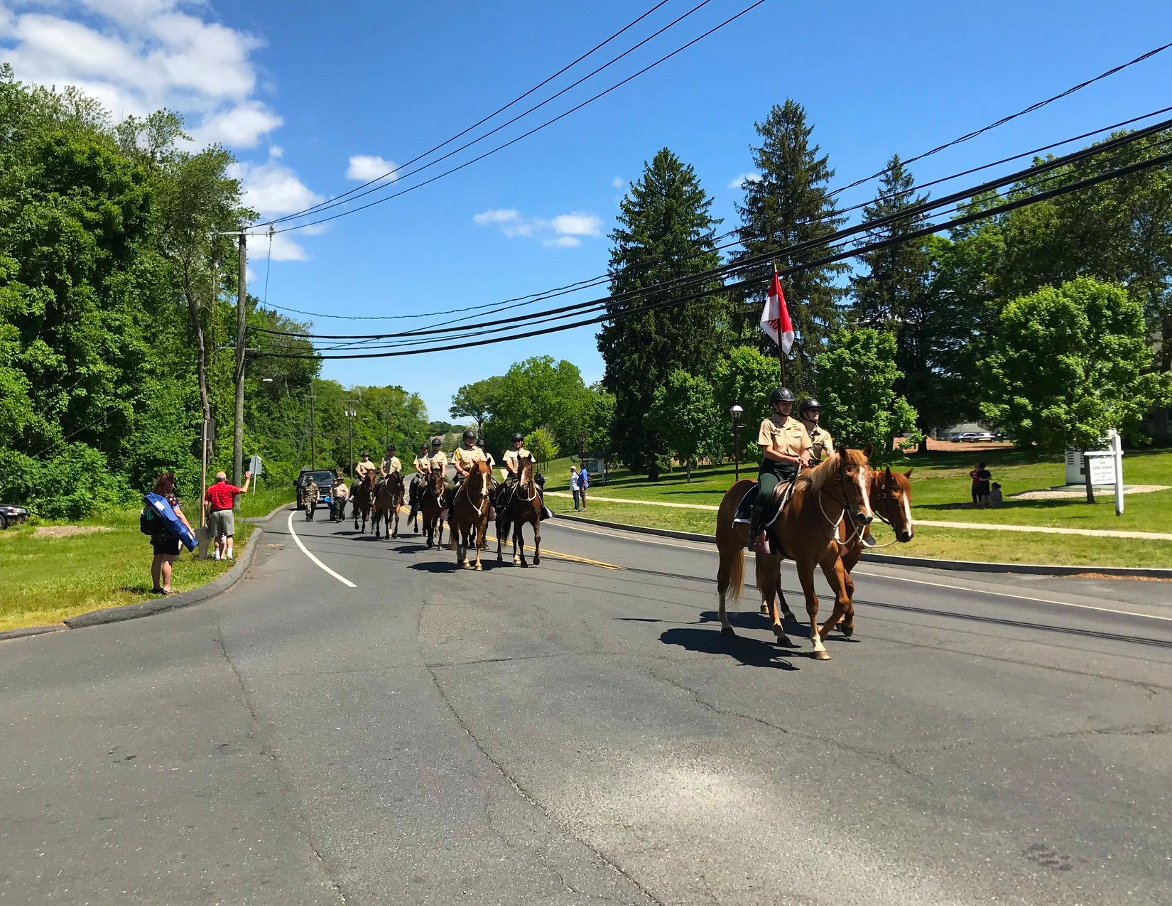 Image is of troopers riding horses in a parade.