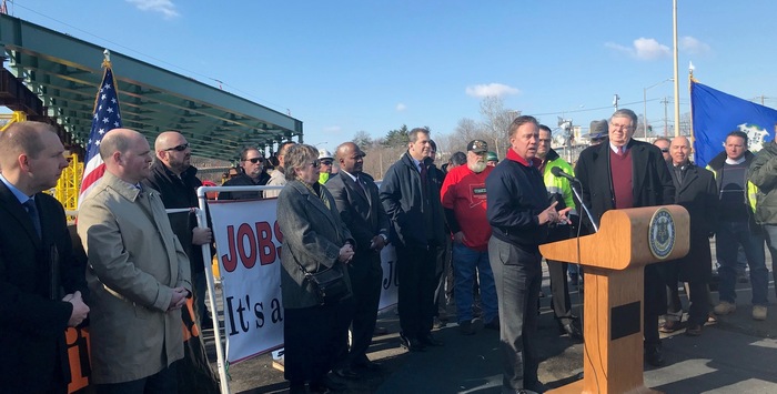 Governor Lamont speaking at I95 construction project in Stamford
