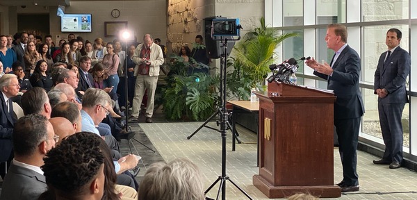 Governor Ned Lamont speaks during a news conference on the campus of Naugatuck Valley Community College in Waterbury, where he signed an executive order while surrounded by business leaders, education officials, labor representatives, state lawmakers, and members of his administration.