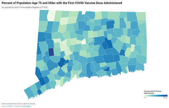 Map of Connecticut COVID-19 vaccine distribution