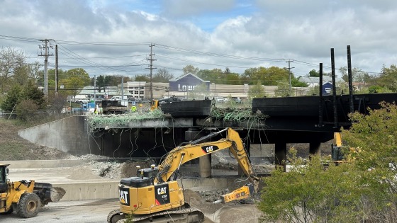 Crews demolishing the Fairfield Avenue Bridge over Interstate 95 in Norwalk.