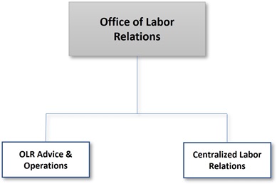 Organizational chart showing the Office of Labor Relations with two units: OLR Advice & Operations and Centralized Labor Relations