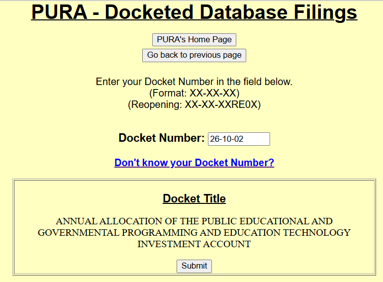 Screenshot of the DPUC Web Filing page showing a docket number entered and its title populated automatically.