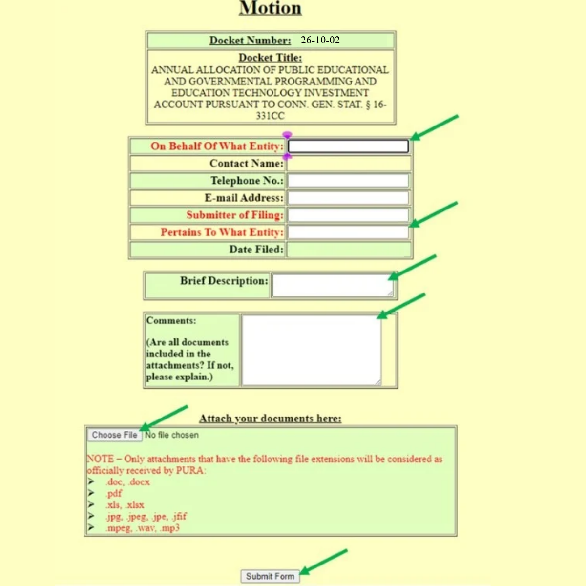 Screenshot of the DPUC Motion Objection or Comment web filing form.