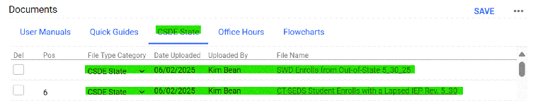 Screenshot of CT SEDS Documents screen