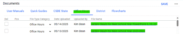 Screenshot of CT SEDS Documents Screen highlighting office hours column