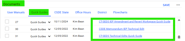 Screenshot of CT SEDS Documents Screen highlighting quick guies column