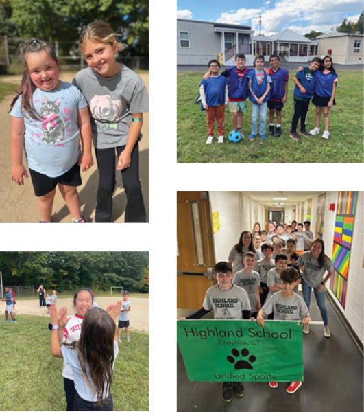 Elementary school students carry a banner, play soccer, and give high-fives to celebrate its Unified Sports programs