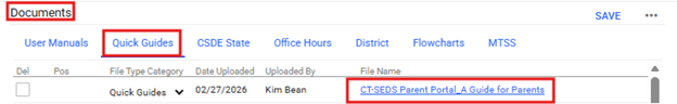 Where to find the Quick Guide. When logged into CT-SEDS access the Documents tab and then the Quick Guides tab. The CT-SEDS Parent Portal_A Guide for Parents will be listed in the quick guides below.