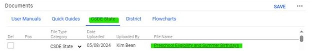 Screenshot of CT-SEDS Widget showing Documents and CSDE State Tab with Preschool Eligibility and Summer Birthdays Document