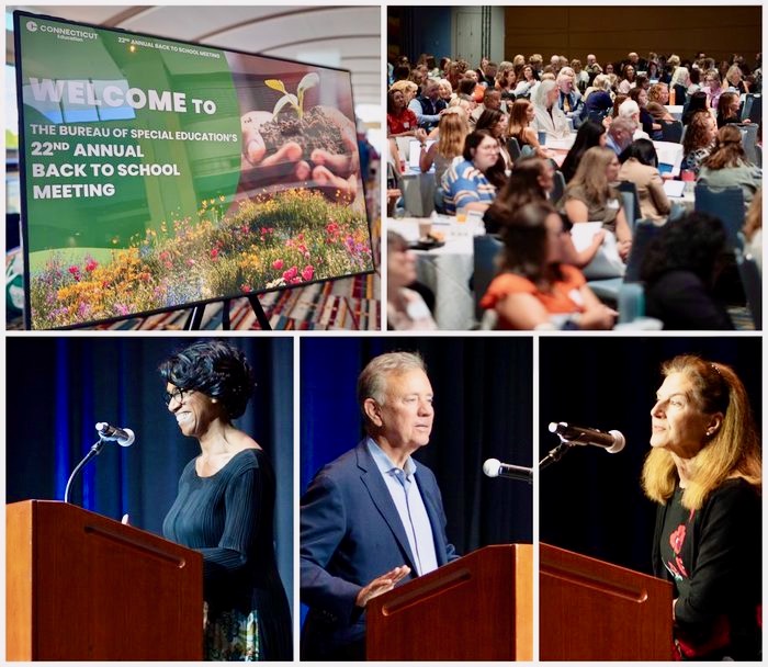 Photo collage from the Back to School meeting: a welcome sign, a full ballroom of attendees seated at round tables, and three speakers at the podium