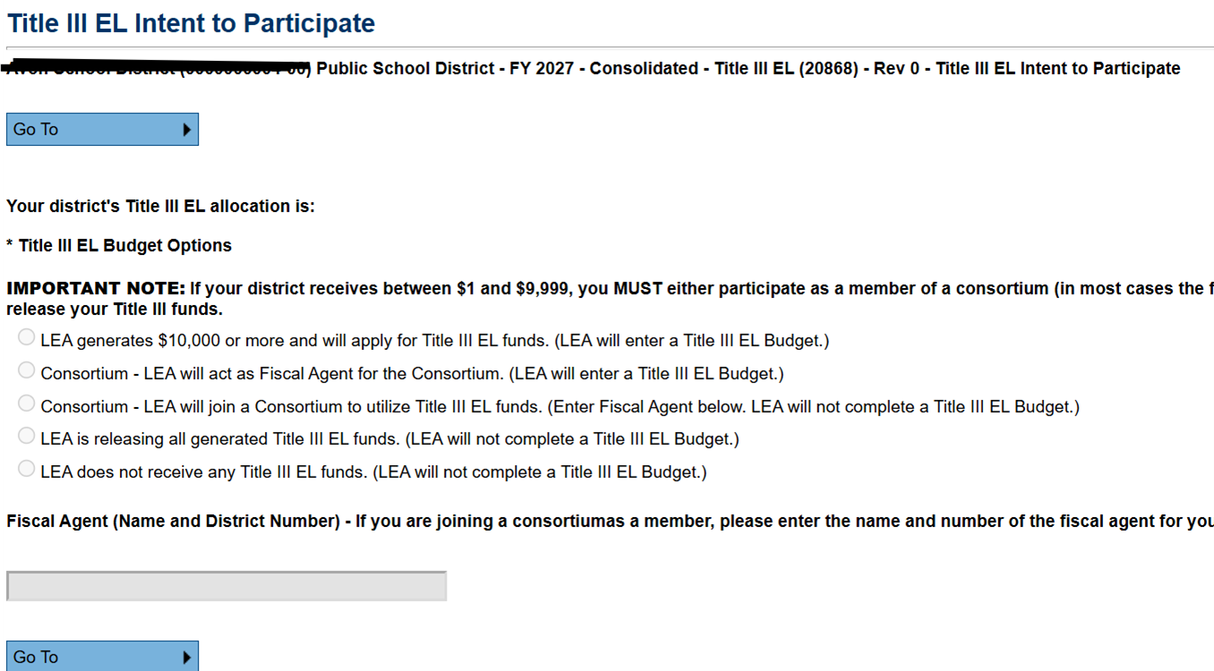 Title lll EL Intent to Participate screen in eGMS