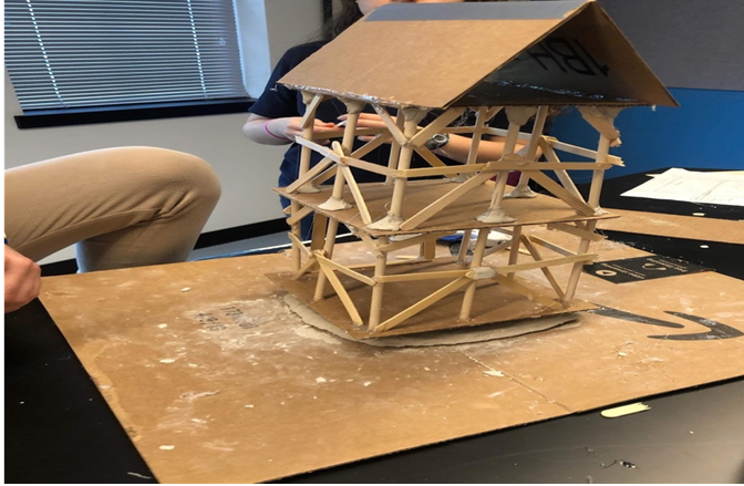 Small prototype of a building designed to withstand an earthquake. 