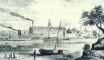 Colt’s Armory, 1857, looking west across the Connecticut River