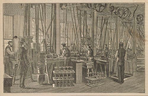 Machining rear hubs for Pope’s Columbia brand bicycles, inside the Weed Sewing Machine Factory, 1881.