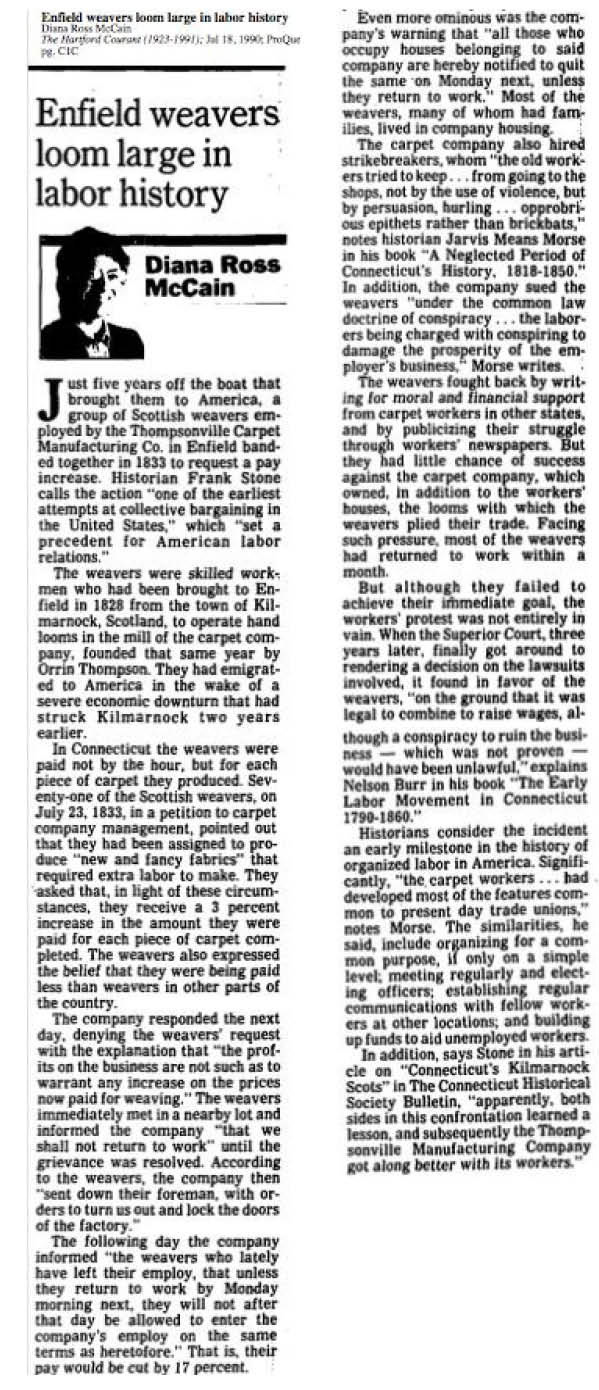 Article from the Hartford Courant about the Thompsonville carpet weavers strike of 1833. Written by Diana Ross McCain. Published July 18, 1990