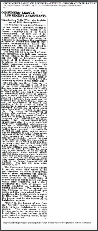 Consumers’ League and Recent Enactments: Organization Tells What the Legislature of 1913 Accomplished, Hartford Courant, September 17, 1913, p. 5. 