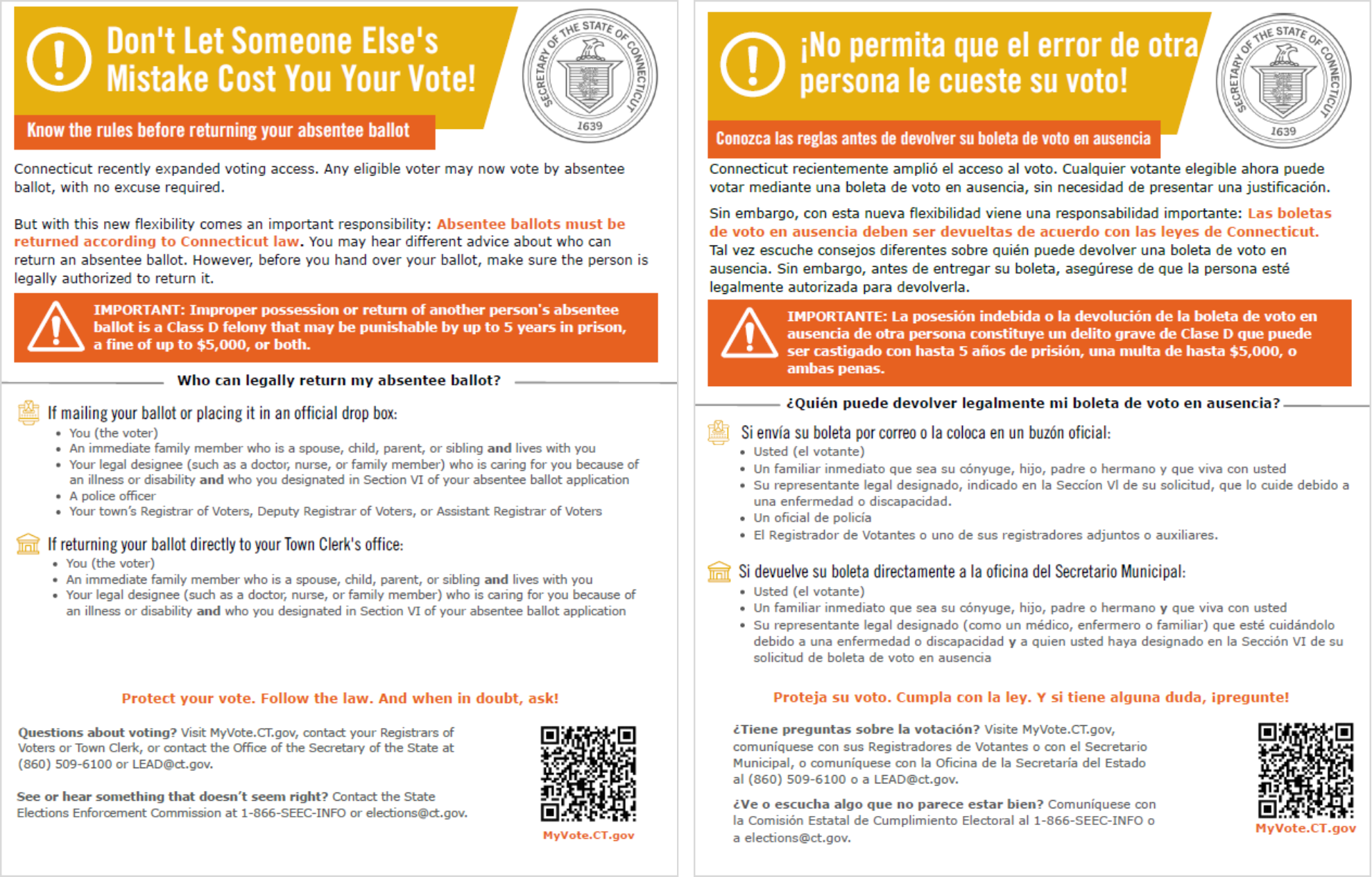 Thumbnail image of flyers detailing rules for returning absentee ballots in English and Spanish