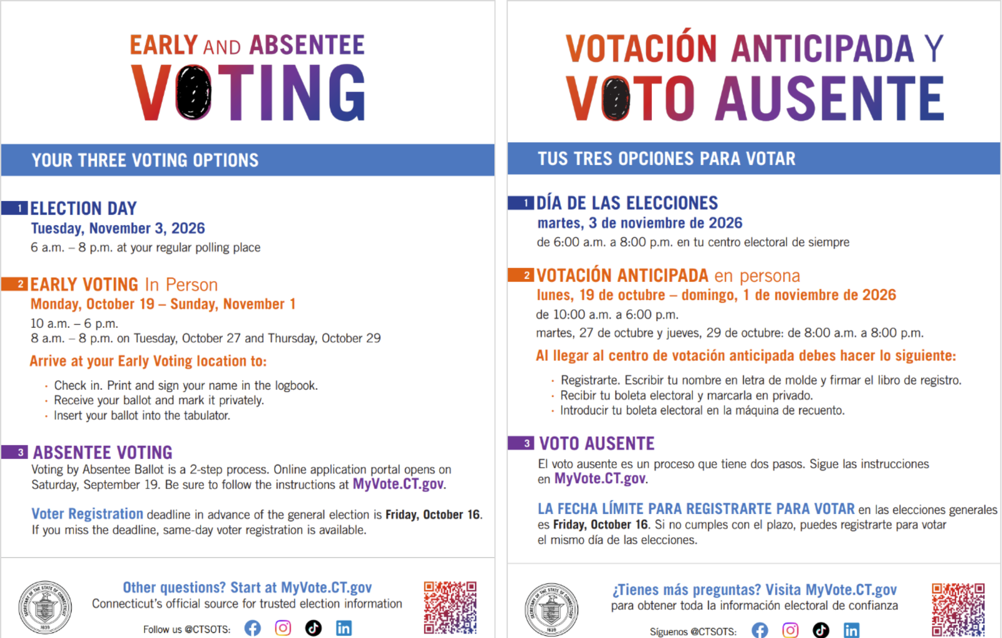 Thumbnail images of flyer outlining three ways to vote in Connecticut in English and Spanish