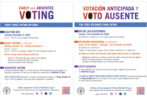 Thumbnail images of flyer outlining three ways to vote in Connecticut in English and Spanish