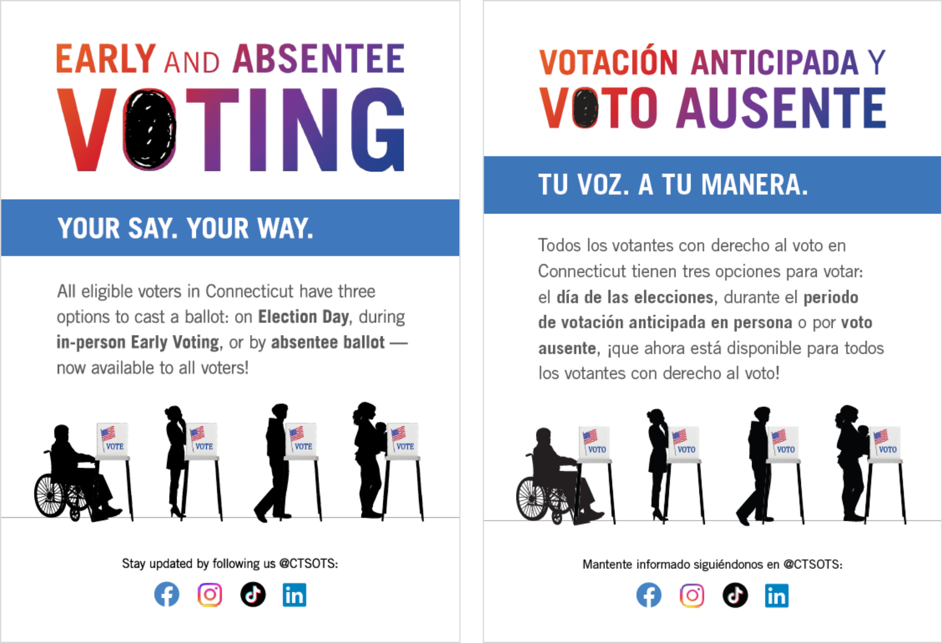 Combined thumbnails of Early and Absentee Voting 5x7 cards in English and Spanish