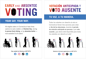 Combined thumbnails of Early and Absentee Voting 5x7 cards in English and Spanish