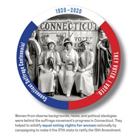 Digital I Voted Sticker with image and text of diverse group of Connecticut Suffragists