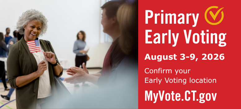 Photo of woman holding American flag talking to group of people in a polling place with text about Primary Early Voting.