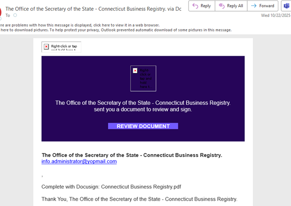 Screen capture of a malicious phishing email