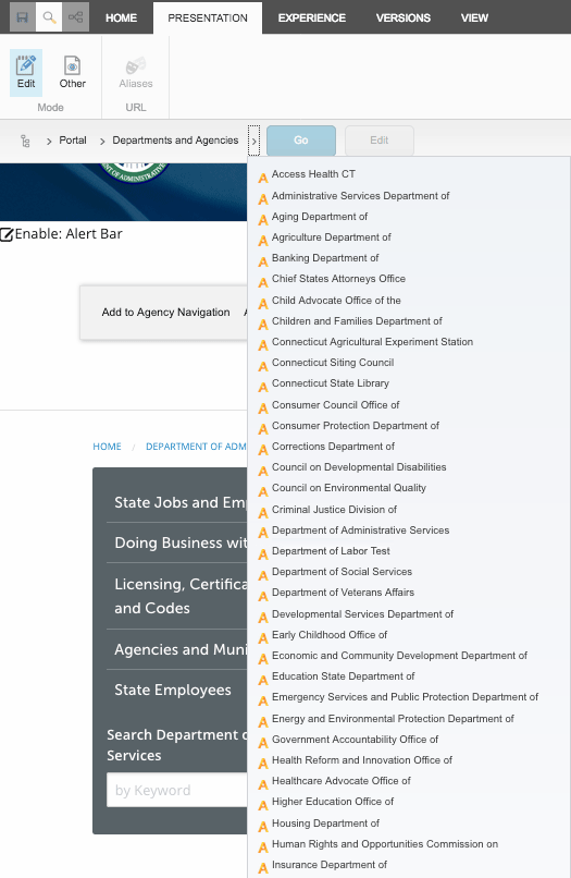 Experience Editor Ribbon - Navigate to Agency Landing Page