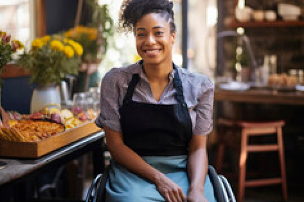 Woman wearing apron in wheelchair