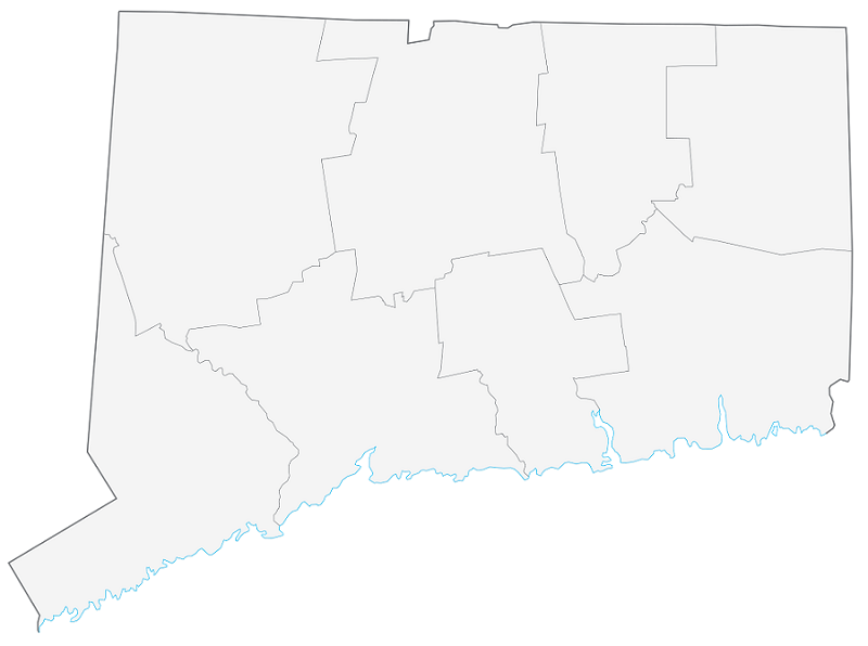 Map of Connecticut and its counties, dropdown menus appear when hovering over the county name. 