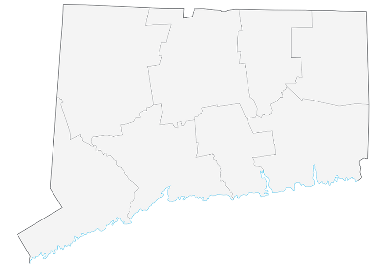Map of Connecticut and its counties, dropdown menus appear when hovering over the county name.