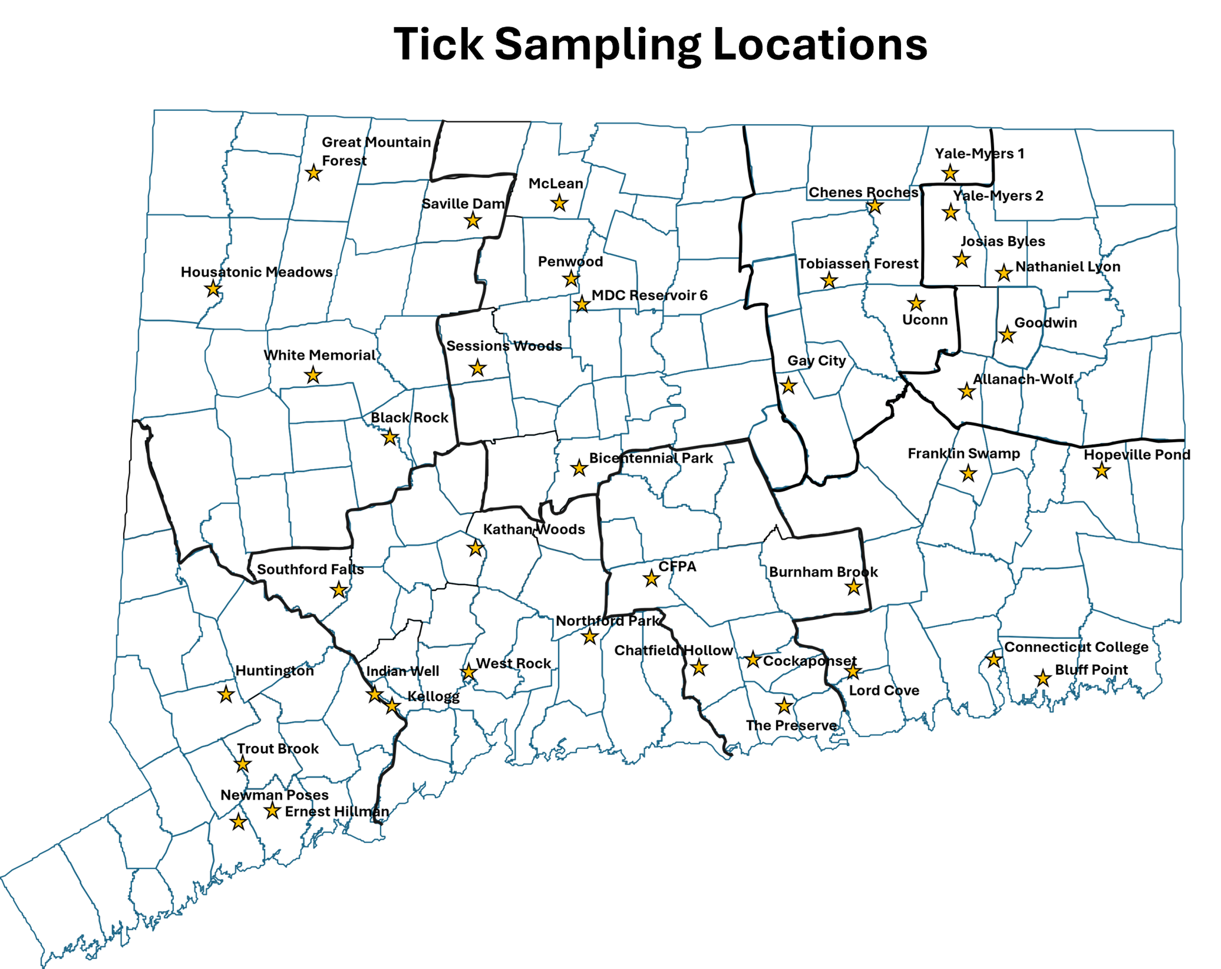 Map showing tick sampling locations around CT 2025