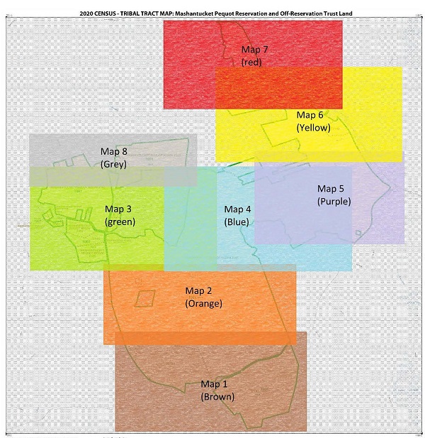 Map of Mashantucket Pequot Reservation with areas blocked in color to identify areas of the map.