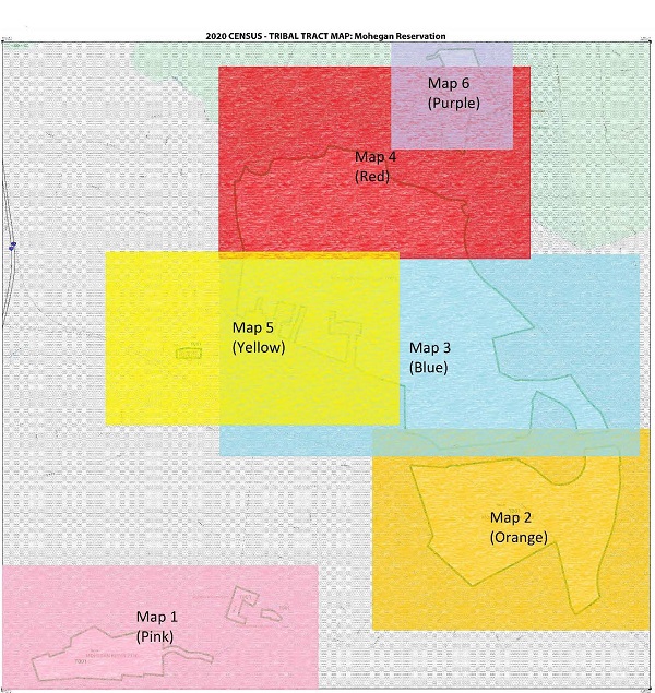 Map of Mohegan Reservation with blocks of color on the map to identify areas.