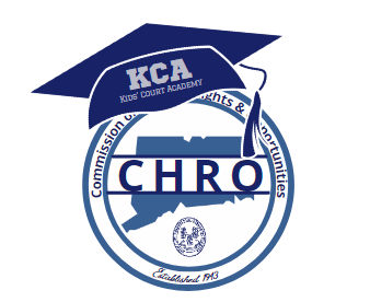 Kids Court Academy logo featuring a graduation cap with the letters KCA, the CHRO seal, and the text 'Commission on Human Rights and Opportunities'.
