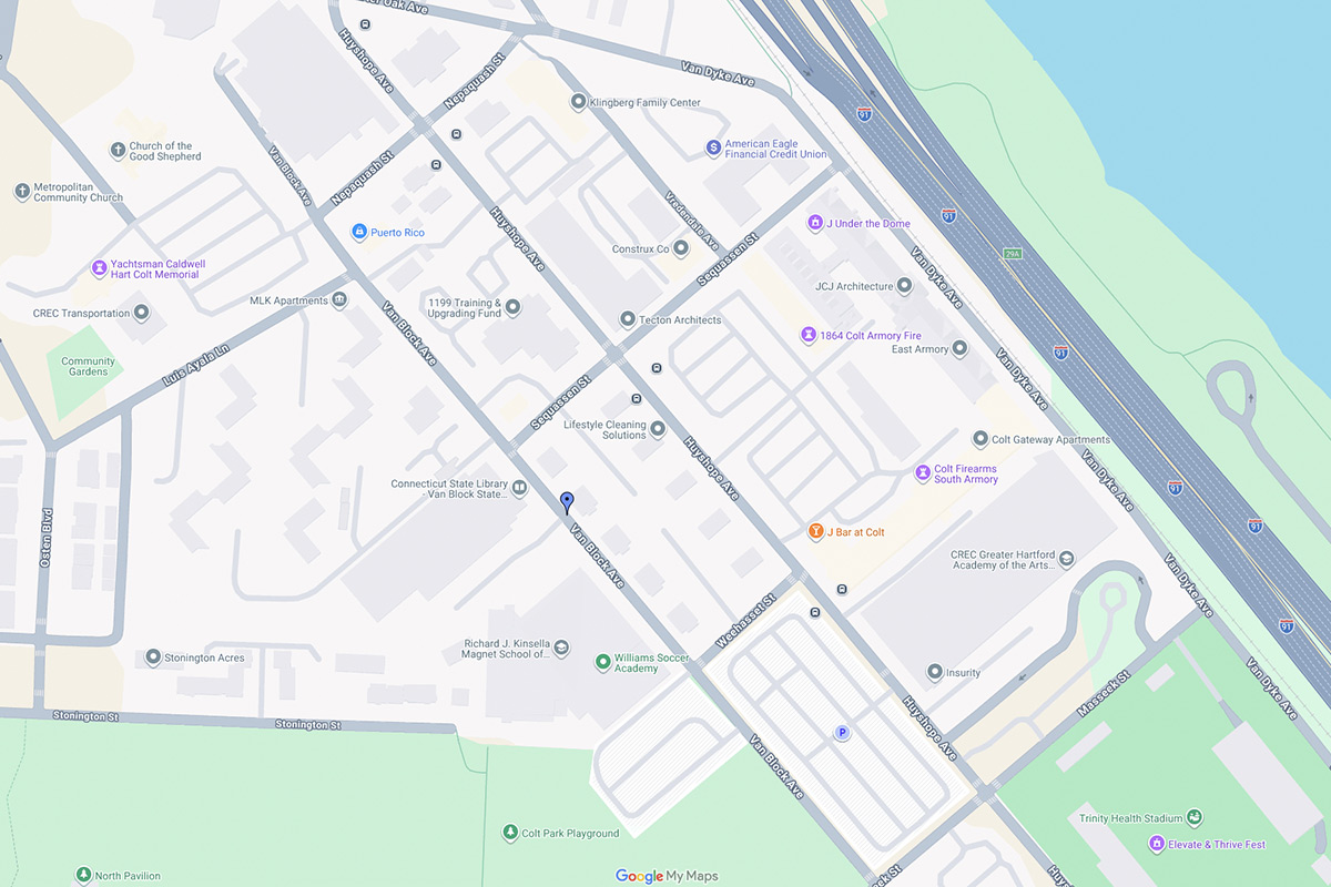 Map showing the location of the Van Block State Library Storage Facility in Hartford, Connecticut.