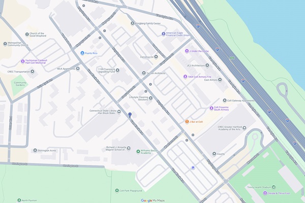 Map showing the location of the Van Block State Library Storage Facility in Hartford, Connecticut.