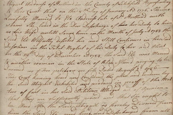 Photo of handwritten document about Divorce Records Entered in Early Connecticut Superior Court Record Books, 1716-1798