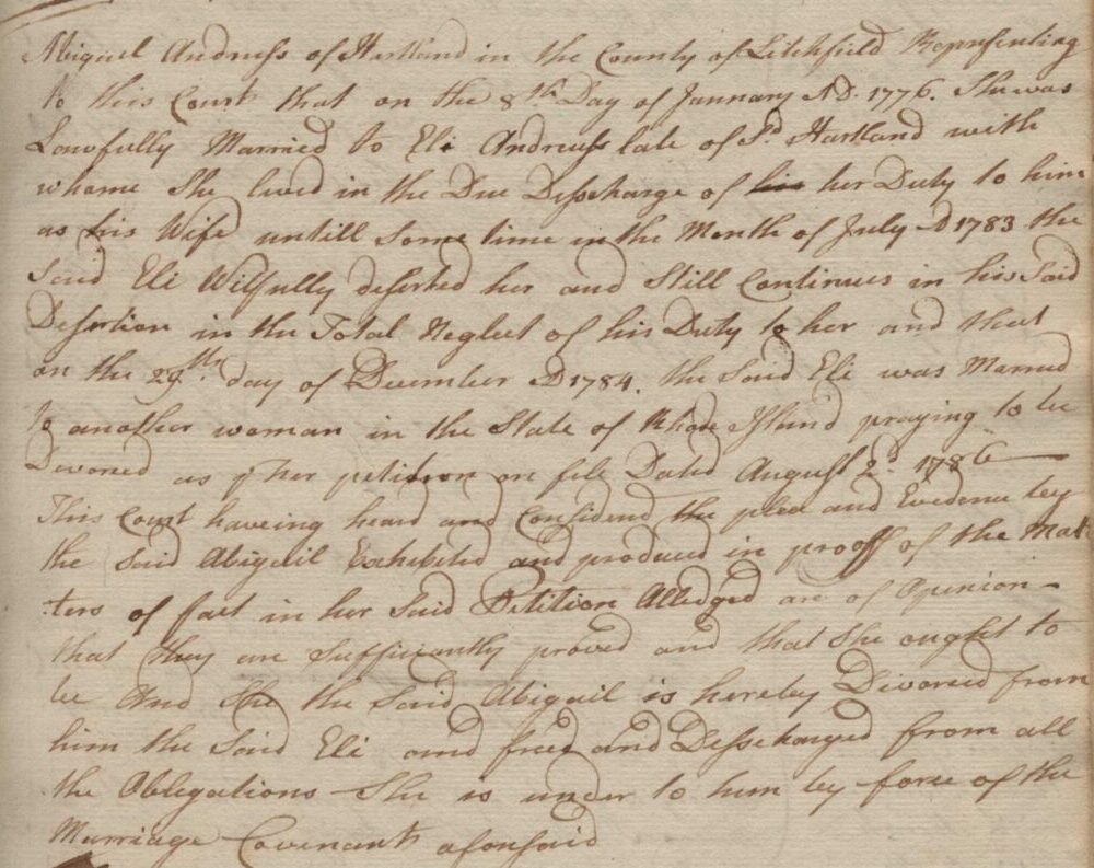 Photo of handwritten document about Divorce Records Entered in Early Connecticut Superior Court Record Books, 1716-1798