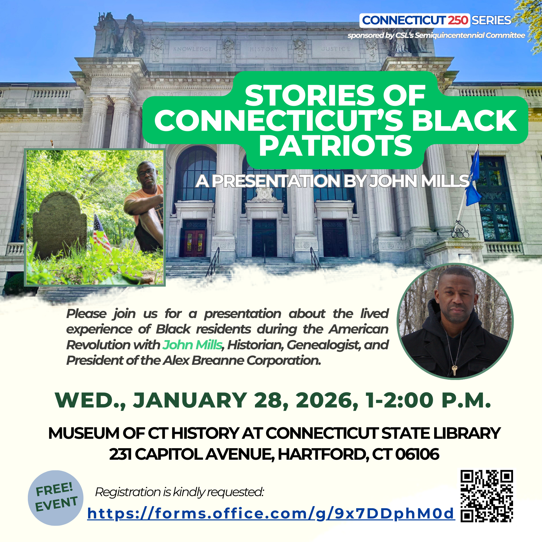 Stories of Connecticut's Black Patriots, image of state library with author and historian John Mills