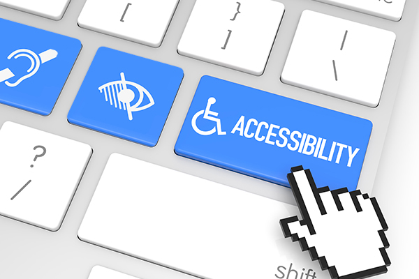 Accessibility best practices graphic that shows a keyboard with accessibility icons on the keys and an 8-bit mouse click icon hovering over it.
