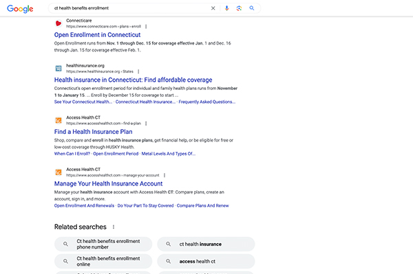 CT Health Benefits Enrollment Google search.