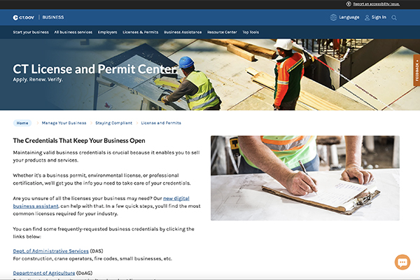 CT License and Permit Center Webpage Example.